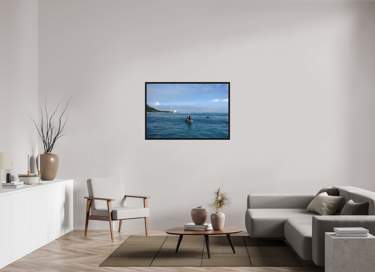 45 x 30″, Floater Frame Kids in the Water at Sunset in Waikiki