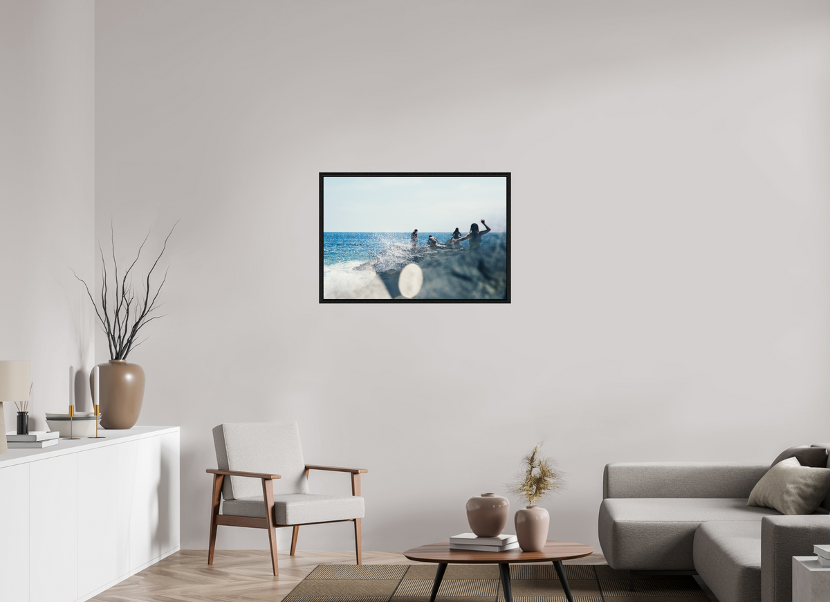 36 x 24″, Floater Frame Abstract Image of Girls Walking on Rock Jetty with Ocean Splashing