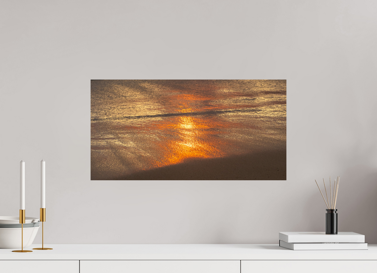 23.3 x 12″, Photo Print On Fuji Crystal DP II Artists Palette-Photograph of Sunrise Glow Reflecting off the Water and Sand