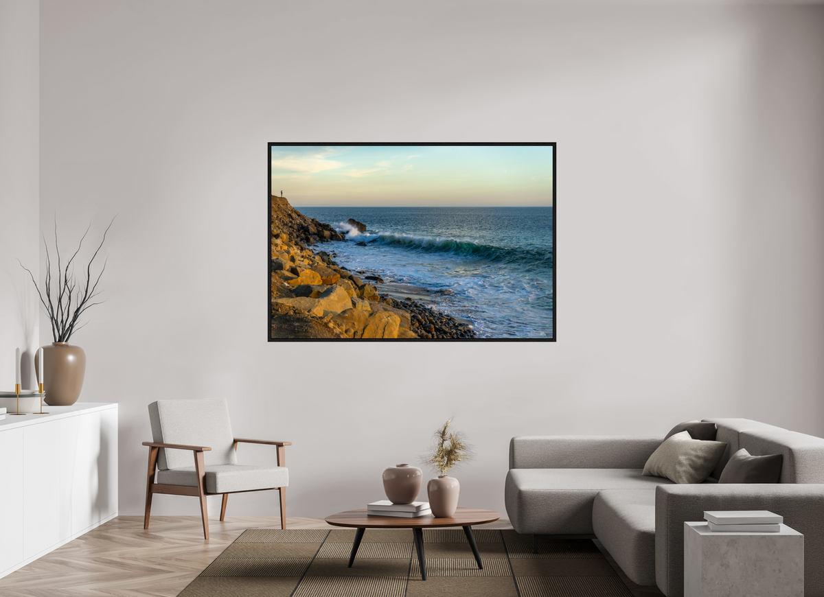 68.7 x 47″, Floater Frame Out on the Horizon Golden Glow Ocean Photography