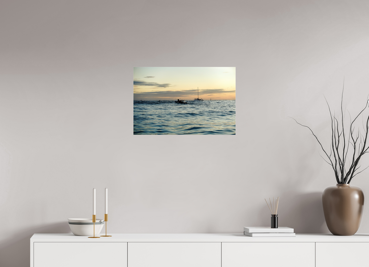 24 x 16″, Photo Print Under Acrylic Glass Photograph of Surfer Paddling Out as Sun Sets in Waikiki