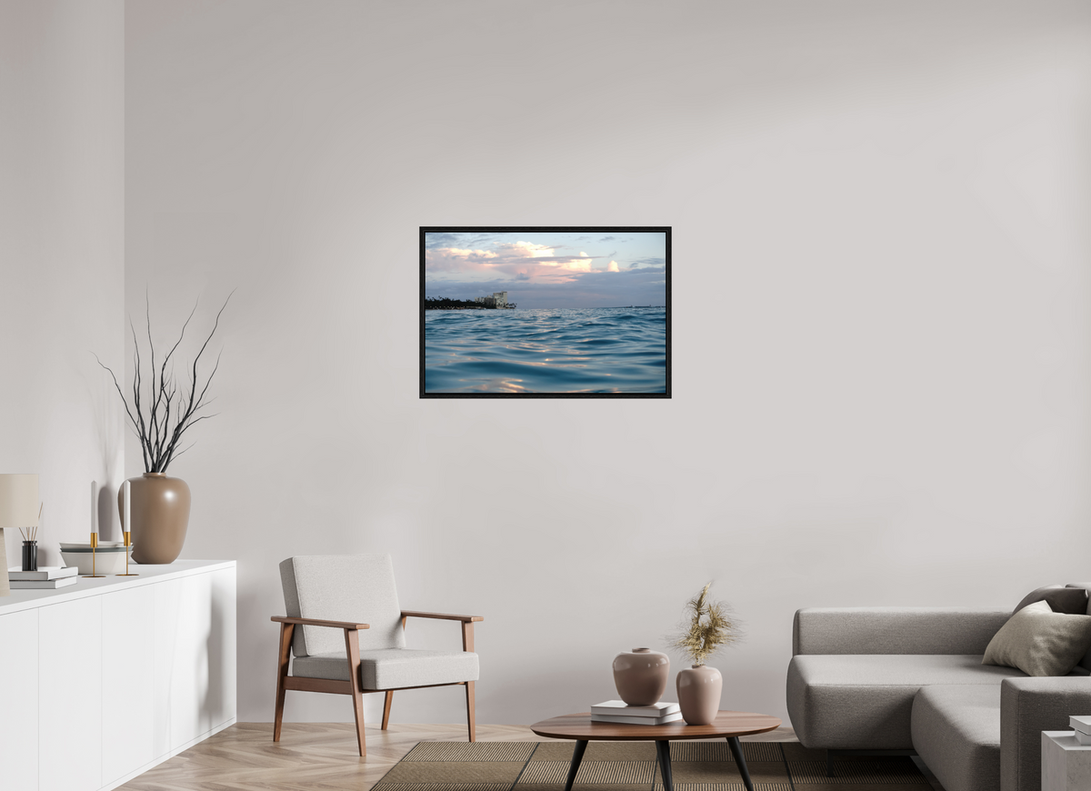 36 x 24″, Floater Frame in the Water at Sunset-Photograph from the ocean at sunset in Waikiki
