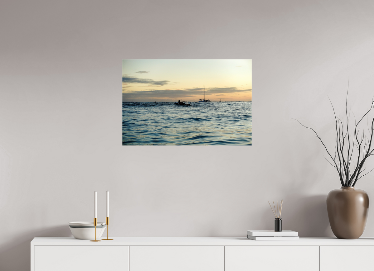 30 x 20″, Photo Print Under Acrylic Glass Photograph of Surfer Paddling Out as Sun Sets in Waikiki