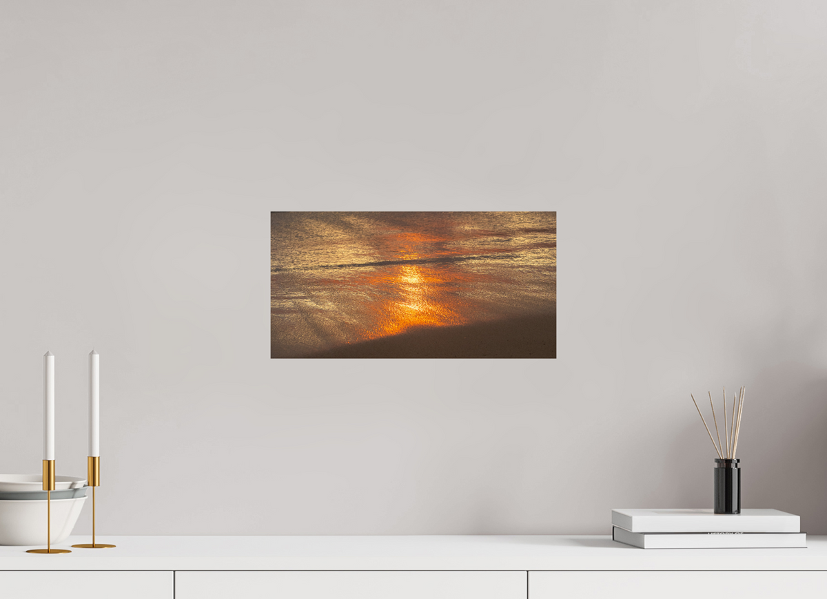 15.5 x 8″, Photo Print On Fuji Crystal DP II Artists Palette-Photograph of Sunrise Glow Reflecting off the Water and Sand