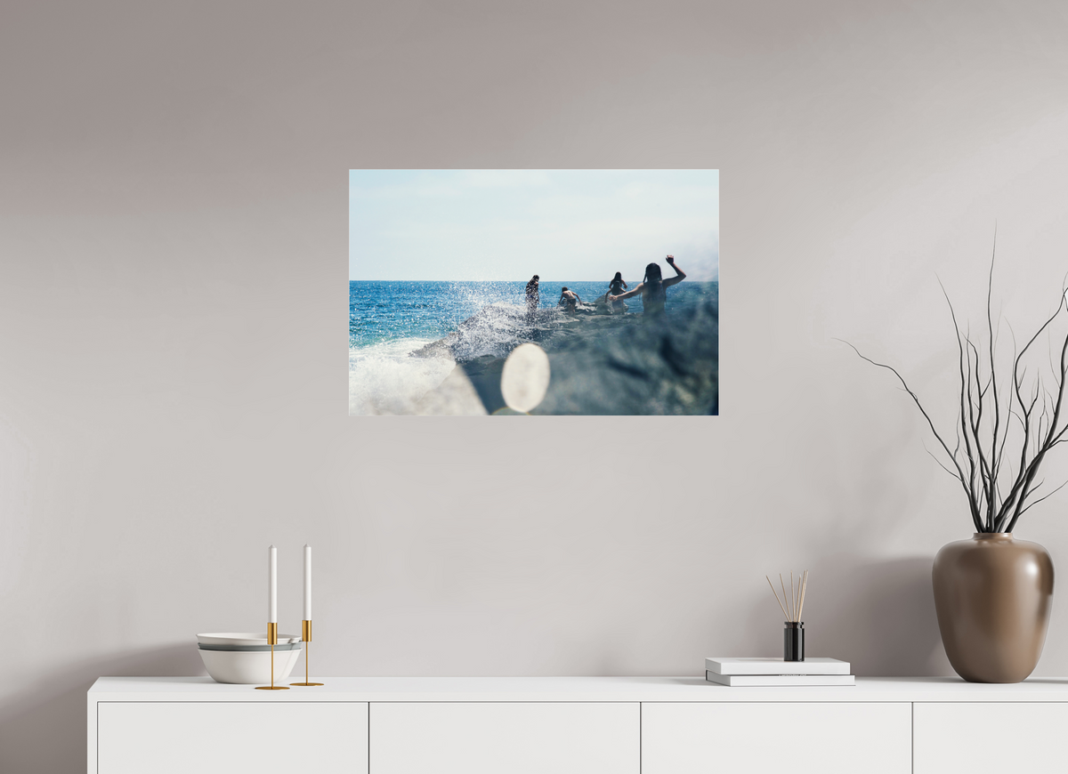 30 x 20″, Photo Print Under Acrylic Glass Abstract Image of Girls Walking on Rock Jetty with Ocean Splashing