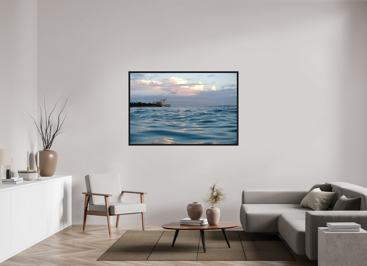 60 x 40″, Floater Frame in the Water at Sunset-Photograph from the ocean at sunset in Waikiki
