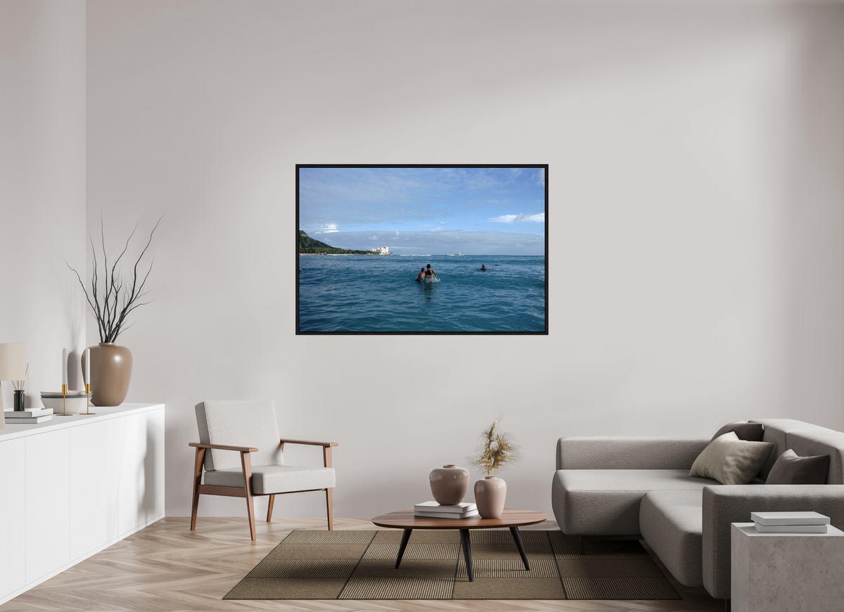 60 x 40″, Floater Frame Kids in the Water at Sunset in Waikiki