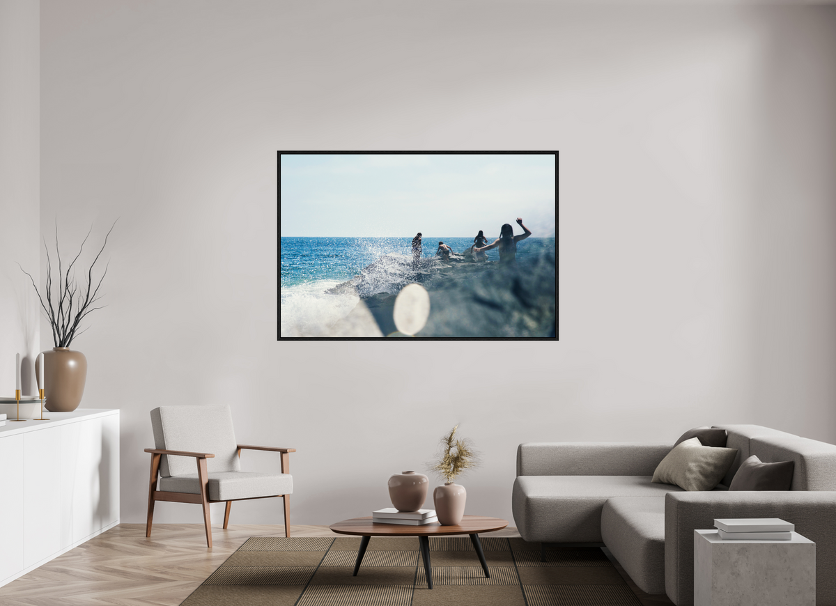 66 x 44″, Floater Frame Abstract Image of Girls Walking on Rock Jetty with Ocean Splashing