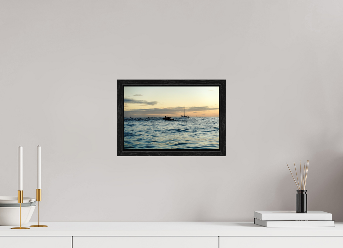 12 x 8″, Floater Frame Photograph of Surfer Paddling Out as Sun Sets in Waikiki