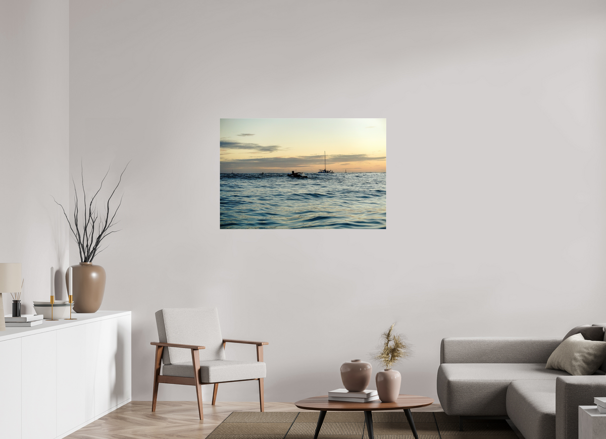 45 x 30″, Photo Print Under Acrylic Glass Photograph of Surfer Paddling Out as Sun Sets in Waikiki