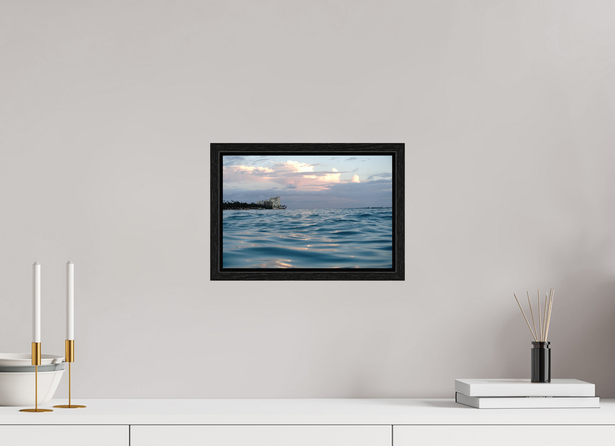 12 x 8″, Floater Frame in the Water at Sunset-Photograph from the ocean at sunset in Waikiki