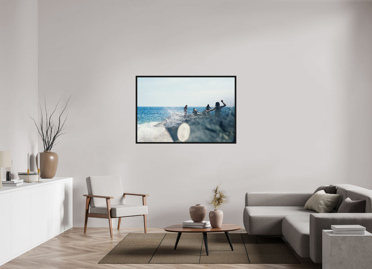 54 x 36″, Floater Frame Abstract Image of Girls Walking on Rock Jetty with Ocean Splashing