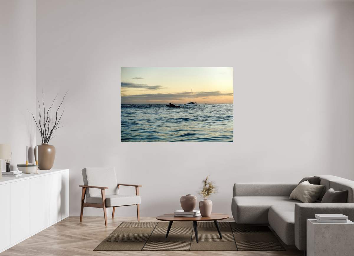 66 x 44″, Photo Print On Fuji Crystal DP II Photograph of Surfer Paddling Out as Sun Sets in Waikiki
