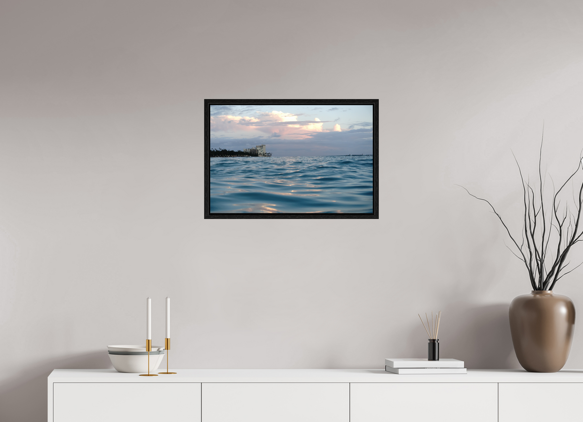 24 x 16″, Floater Frame in the Water at Sunset-Photograph from the ocean at sunset in Waikiki
