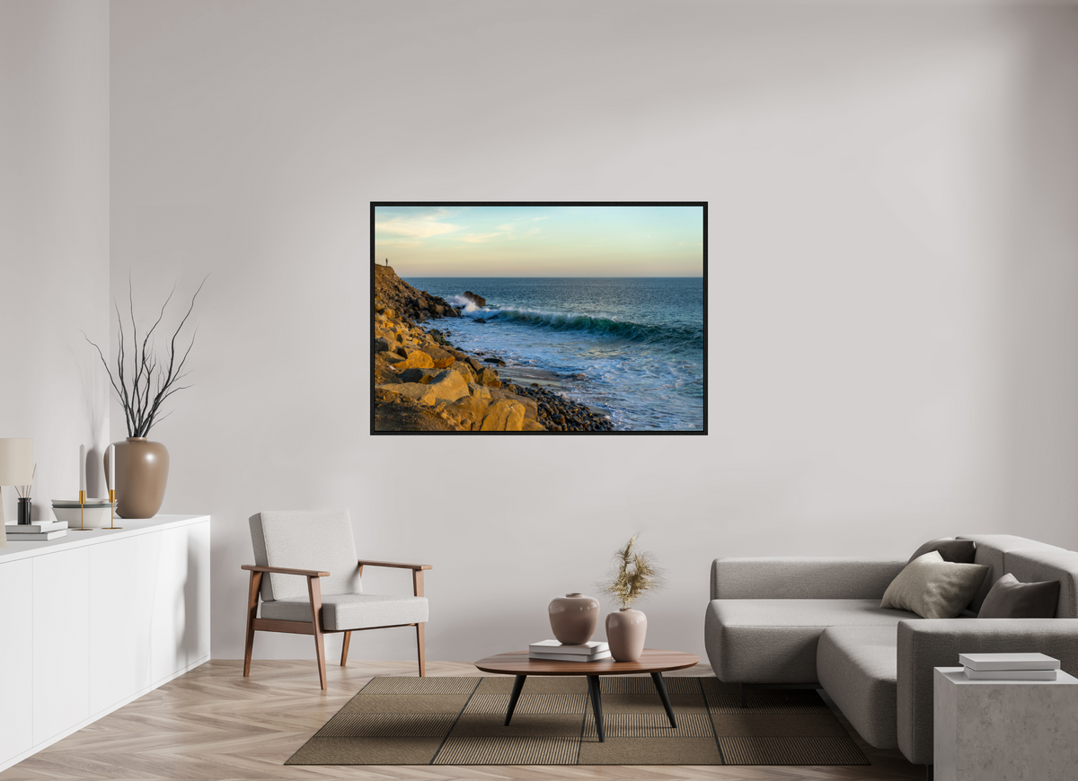 62.8 x 43″, Floater Frame Out on the Horizon Golden Glow Ocean Photography