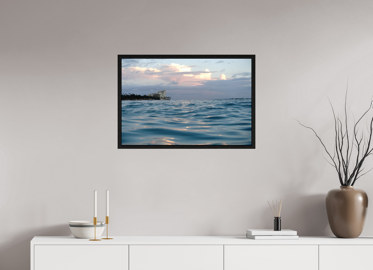 30 x 20″, Floater Frame in the Water at Sunset-Photograph from the ocean at sunset in Waikiki