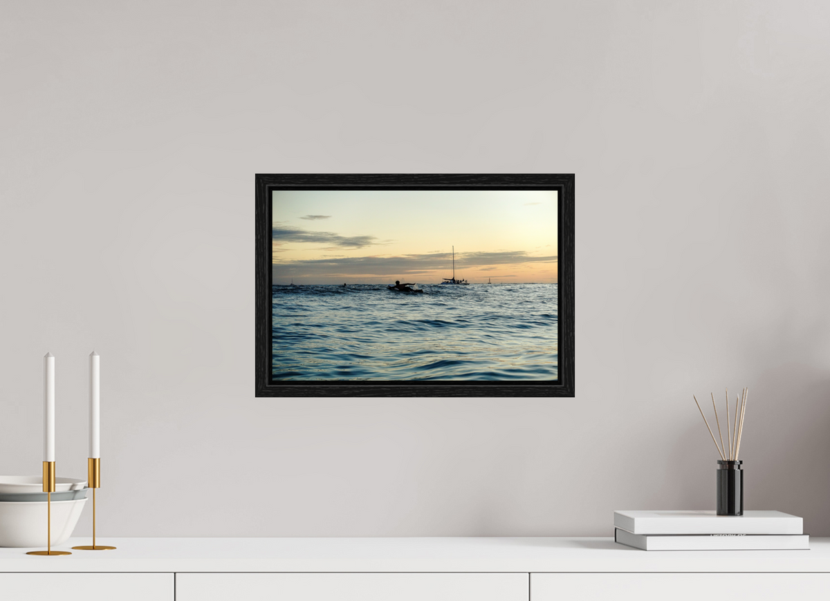 15 x 10″, Floater Frame Photograph of Surfer Paddling Out as Sun Sets in Waikiki