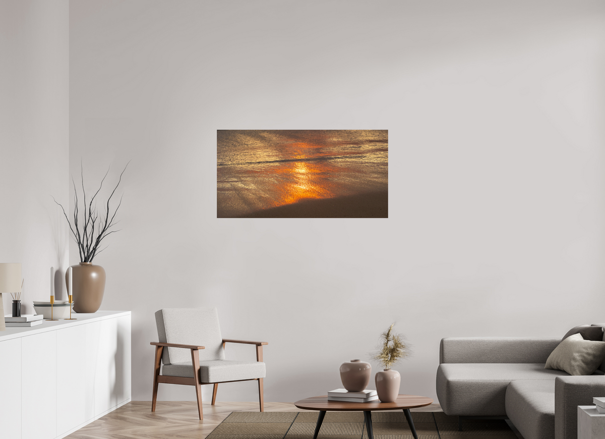 46.6 x 24″, Photo Print On Fuji Crystal DP II Artists Palette-Photograph of Sunrise Glow Reflecting off the Water and Sand