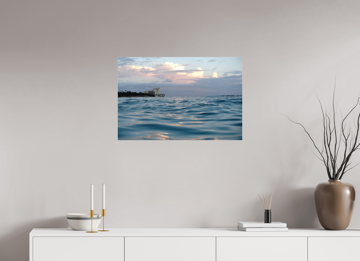 30 x 20″, Photo Print Under Acrylic Glass in the Water at Sunset-Photograph from the ocean at sunset in Waikiki