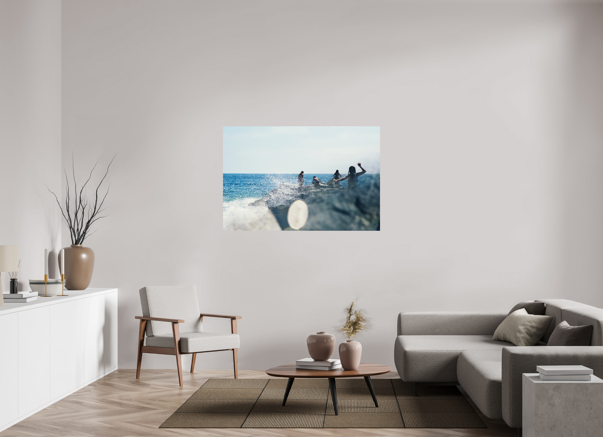 54 x 36″, Photo Print On Fuji Crystal DP II Abstract Image of Girls Walking on Rock Jetty with Ocean Splashing