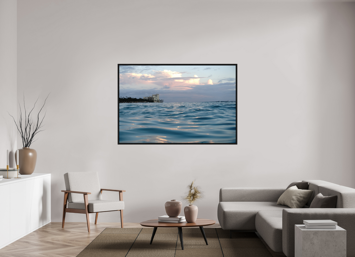66 x 44″, Floater Frame in the Water at Sunset-Photograph from the ocean at sunset in Waikiki