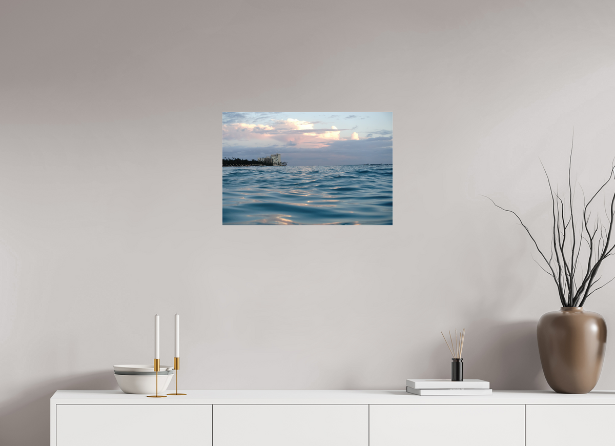 24 x 16″, Photo Print Under Acrylic Glass in the Water at Sunset-Photograph from the ocean at sunset in Waikiki