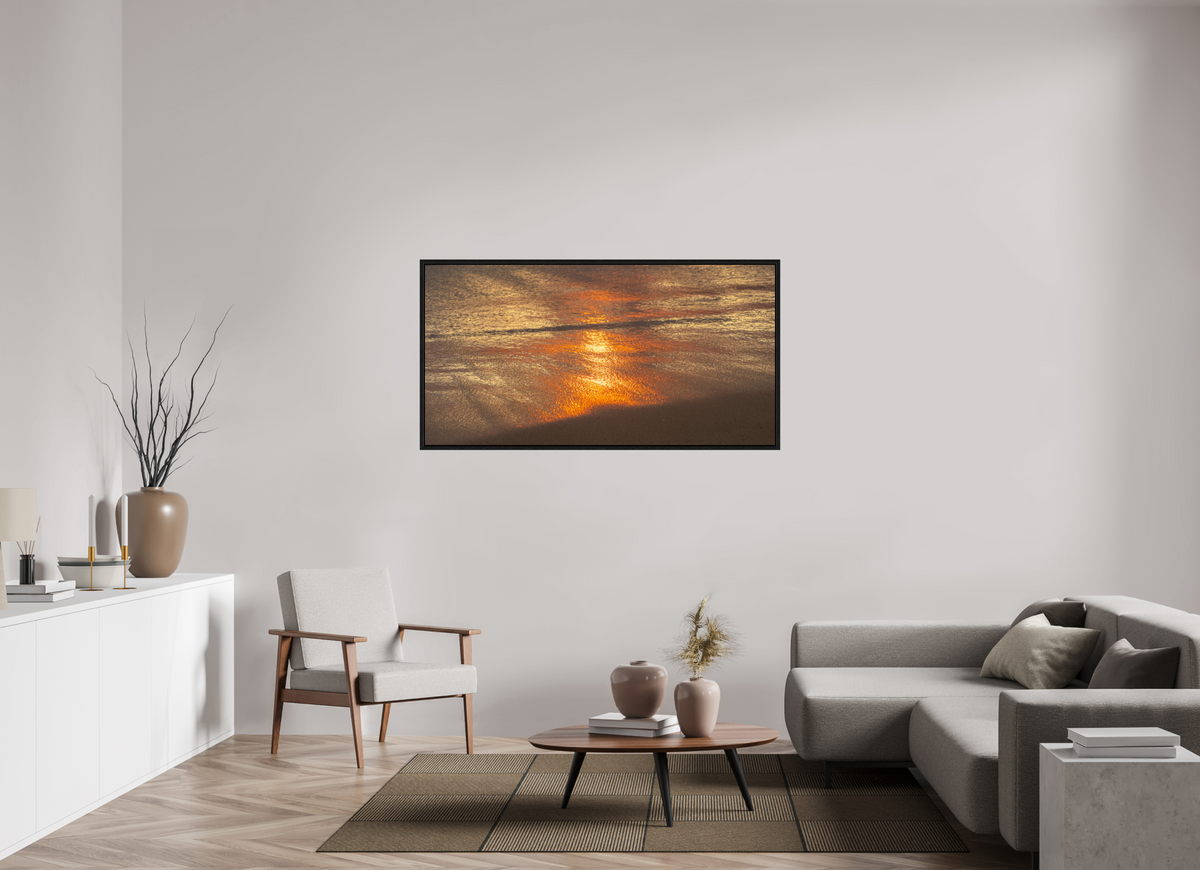 60.2 x 31″, Floater Frame Artists Palette-Photograph of Sunrise Glow Reflecting off the Water and Sand