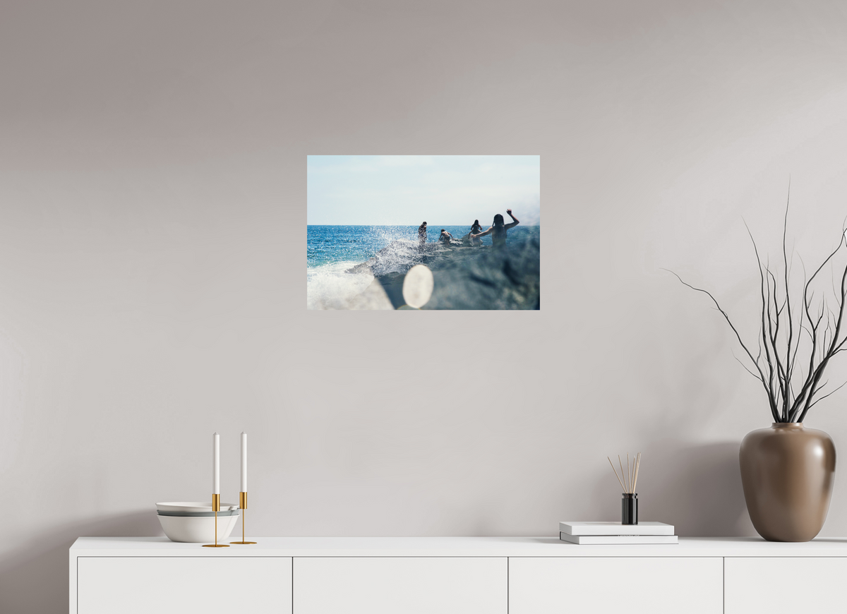 24 x 16″, Photo Print On Fuji Crystal DP II Abstract Image of Girls Walking on Rock Jetty with Ocean Splashing