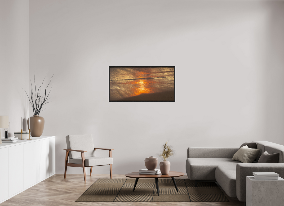 46.6 x 24″, Floater Frame Artists Palette-Photograph of Sunrise Glow Reflecting off the Water and Sand
