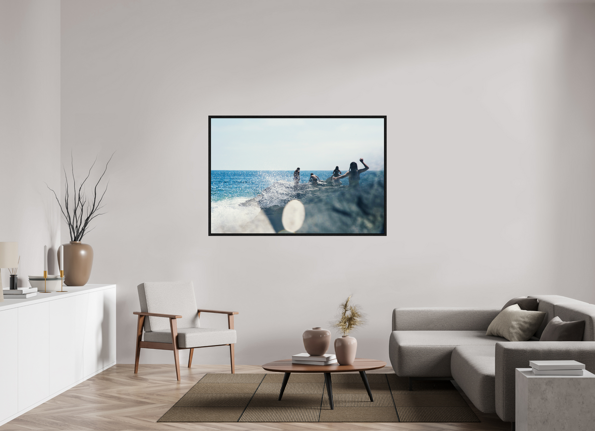60 x 40″, Floater Frame Abstract Image of Girls Walking on Rock Jetty with Ocean Splashing