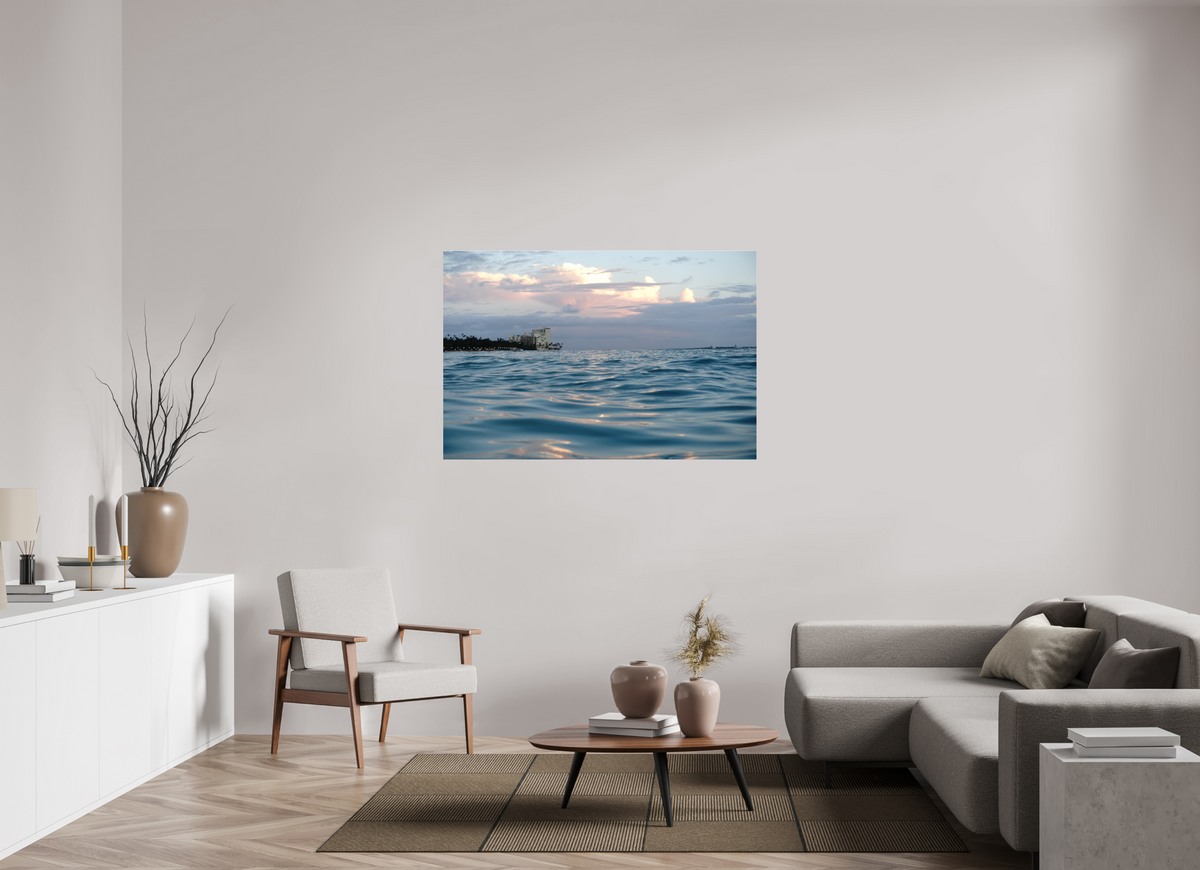54 x 36″, Photo Print Under Acrylic Glass in the Water at Sunset-Photograph from the ocean at sunset in Waikiki