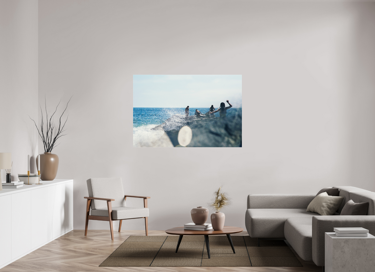 60 x 40″, Photo Print Under Acrylic Glass Abstract Image of Girls Walking on Rock Jetty with Ocean Splashing
