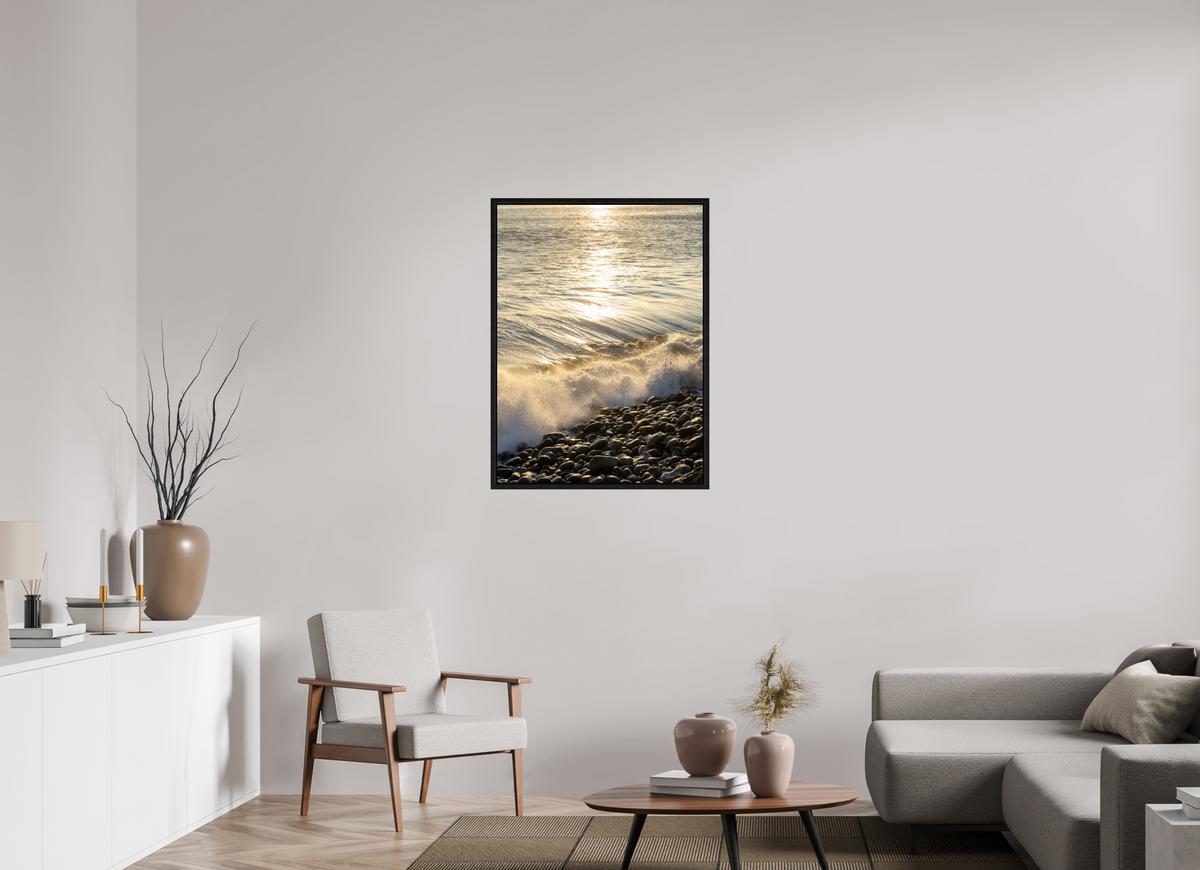 28 x 37.9″, Floater Frame Golden Sparkles at Point Dume Sunset Photography