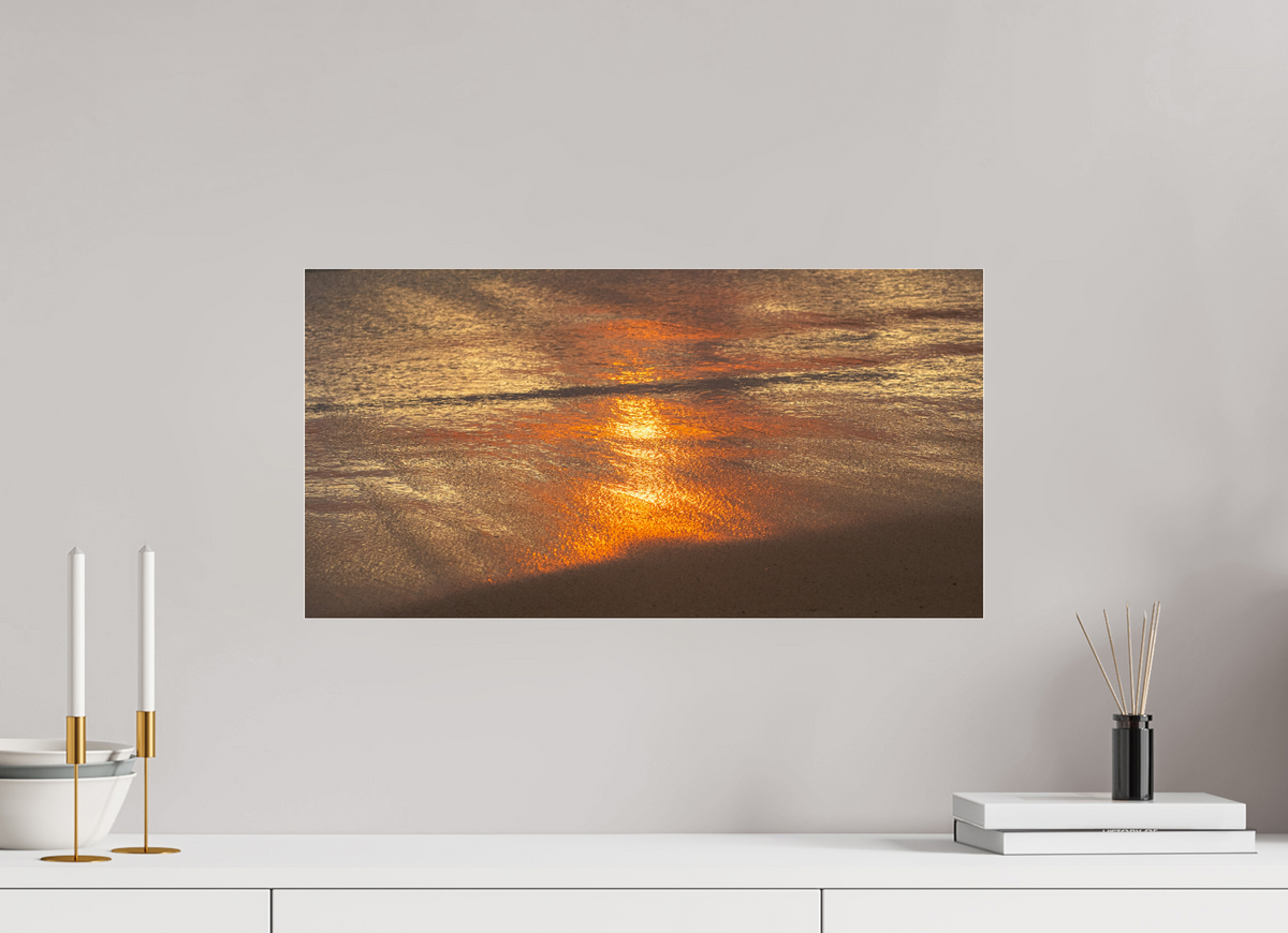 23.3 x 12″, Photo Print Under Acrylic Glass Artists Palette-Photograph of Sunrise Glow Reflecting off the Water and Sand