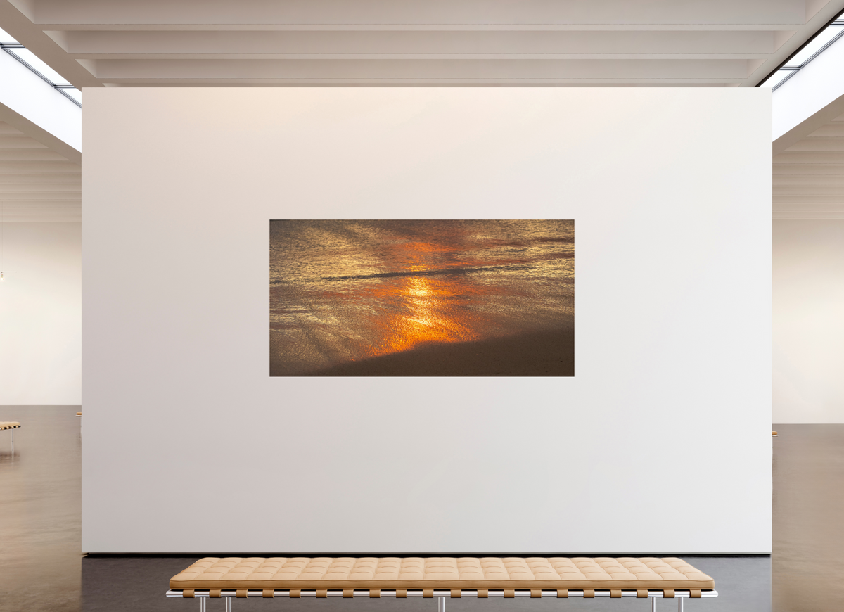 91.2 x 47″, Photo Print Under Acrylic Glass Artists Palette-Photograph of Sunrise Glow Reflecting off the Water and Sand
