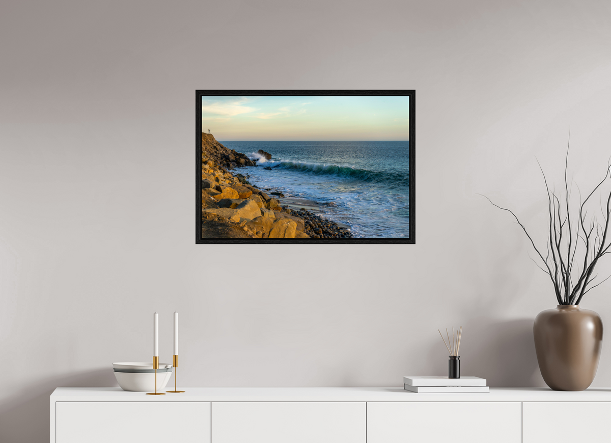 29.2 x 20″, Floater Frame Out on the Horizon Golden Glow Ocean Photography