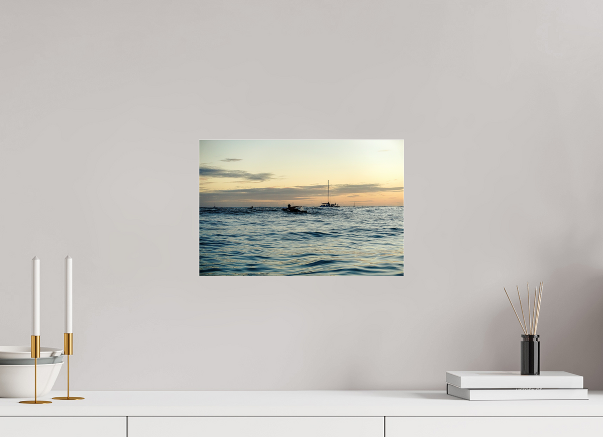 15 x 10″, Photo Print Under Acrylic Glass Photograph of Surfer Paddling Out as Sun Sets in Waikiki