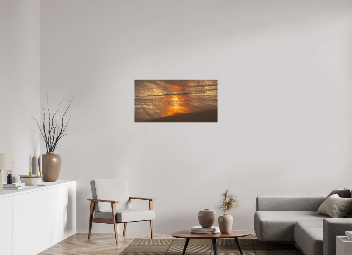 38.8 x 20″, Photo Print On Fuji Crystal DP II Artists Palette-Photograph of Sunrise Glow Reflecting off the Water and Sand