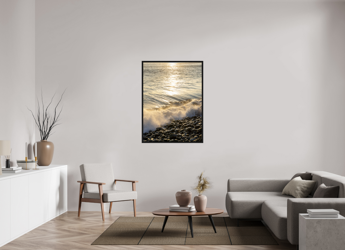 35 x 47.3″, Floater Frame Golden Sparkles at Point Dume Sunset Photography