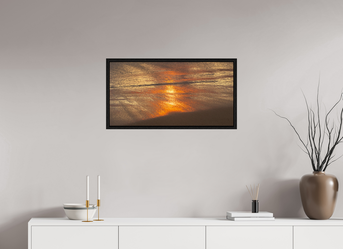 31.1 x 16″, Floater Frame Artists Palette-Photograph of Sunrise Glow Reflecting off the Water and Sand