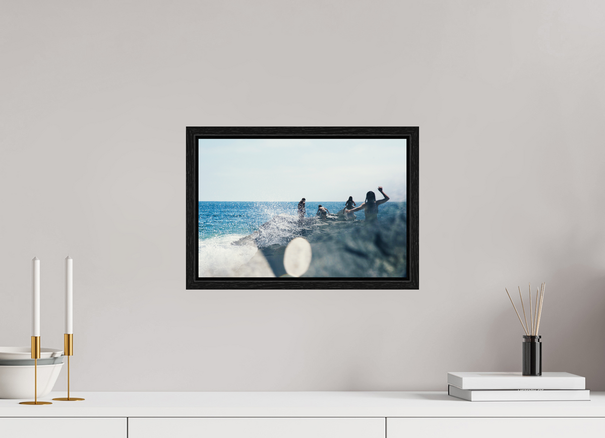 15 x 10″, Floater Frame Abstract Image of Girls Walking on Rock Jetty with Ocean Splashing