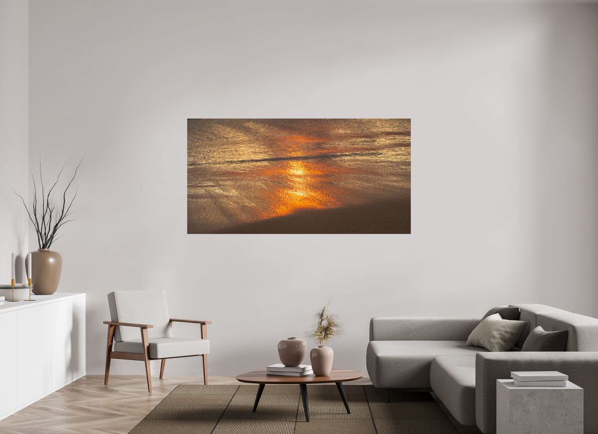 75.7 x 39″, Photo Print On Fuji Crystal DP II Artists Palette-Photograph of Sunrise Glow Reflecting off the Water and Sand