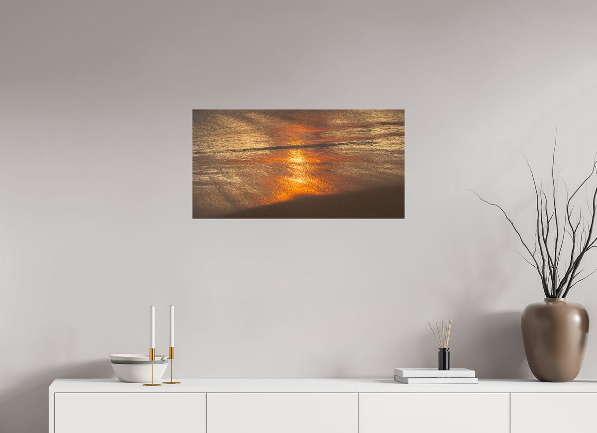 31.1 x 16″, Photo Print On Fuji Crystal DP II Artists Palette-Photograph of Sunrise Glow Reflecting off the Water and Sand