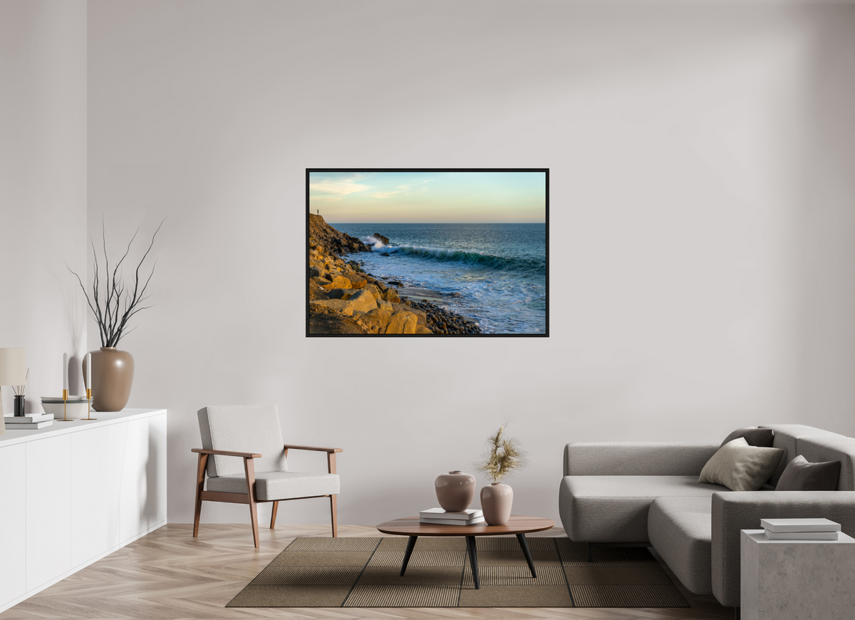 57 x 39″, Floater Frame Out on the Horizon Golden Glow Ocean Photography