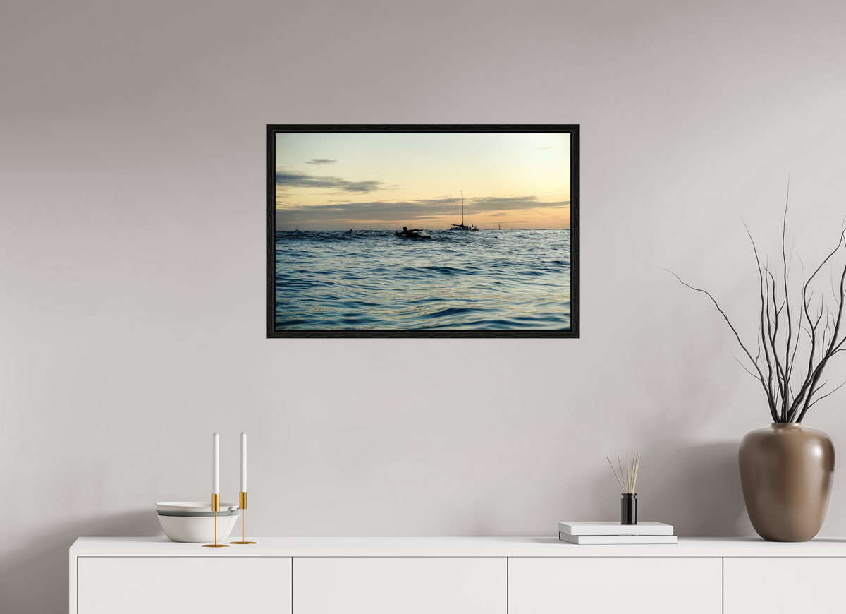 30 x 20″, Floater Frame Photograph of Surfer Paddling Out as Sun Sets in Waikiki