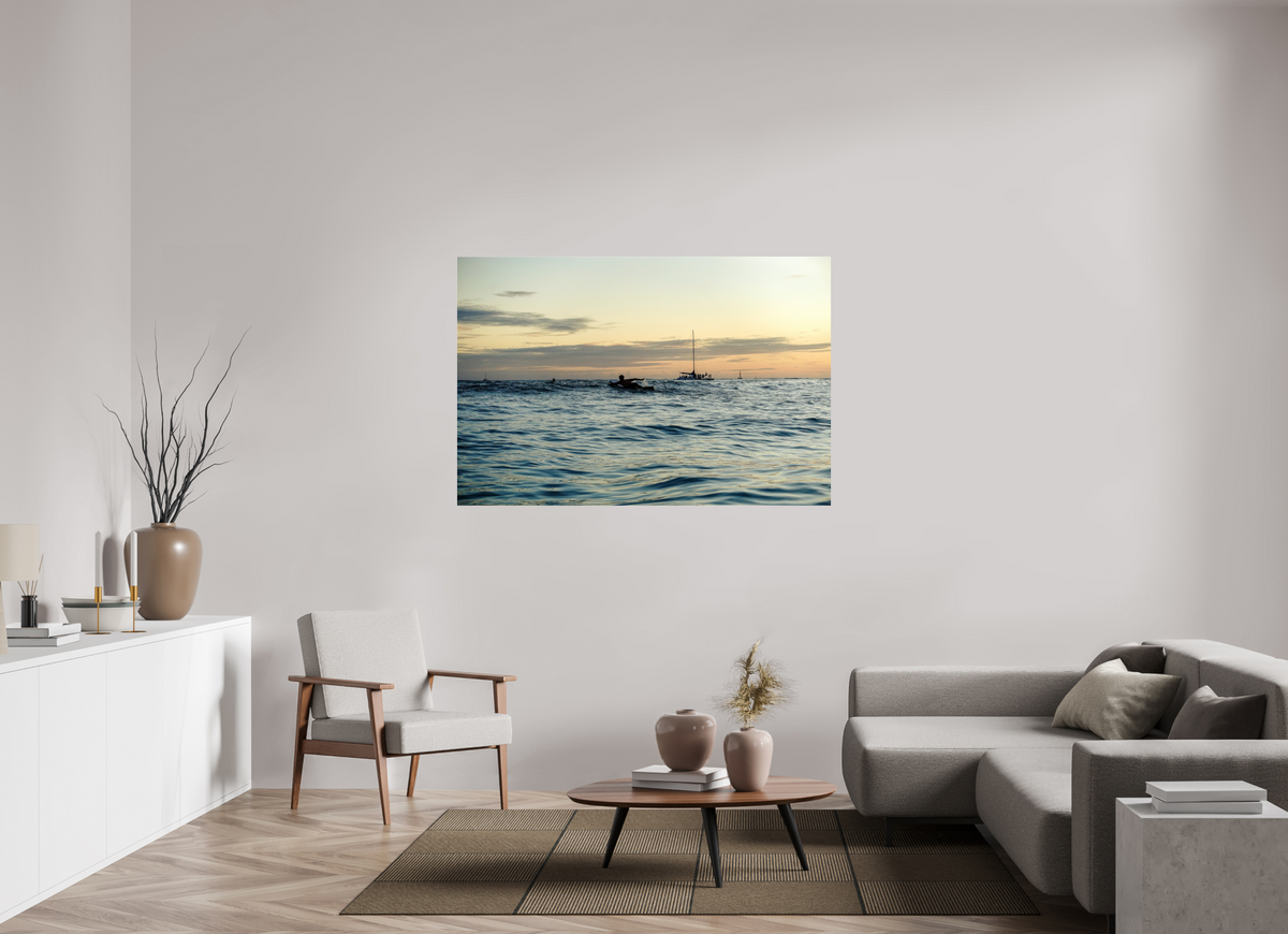 60 x 40″, Photo Print Under Acrylic Glass Photograph of Surfer Paddling Out as Sun Sets in Waikiki