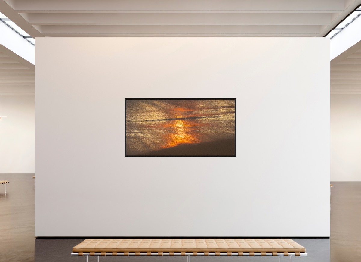 75.7 x 39″, Floater Frame Artists Palette-Photograph of Sunrise Glow Reflecting off the Water and Sand