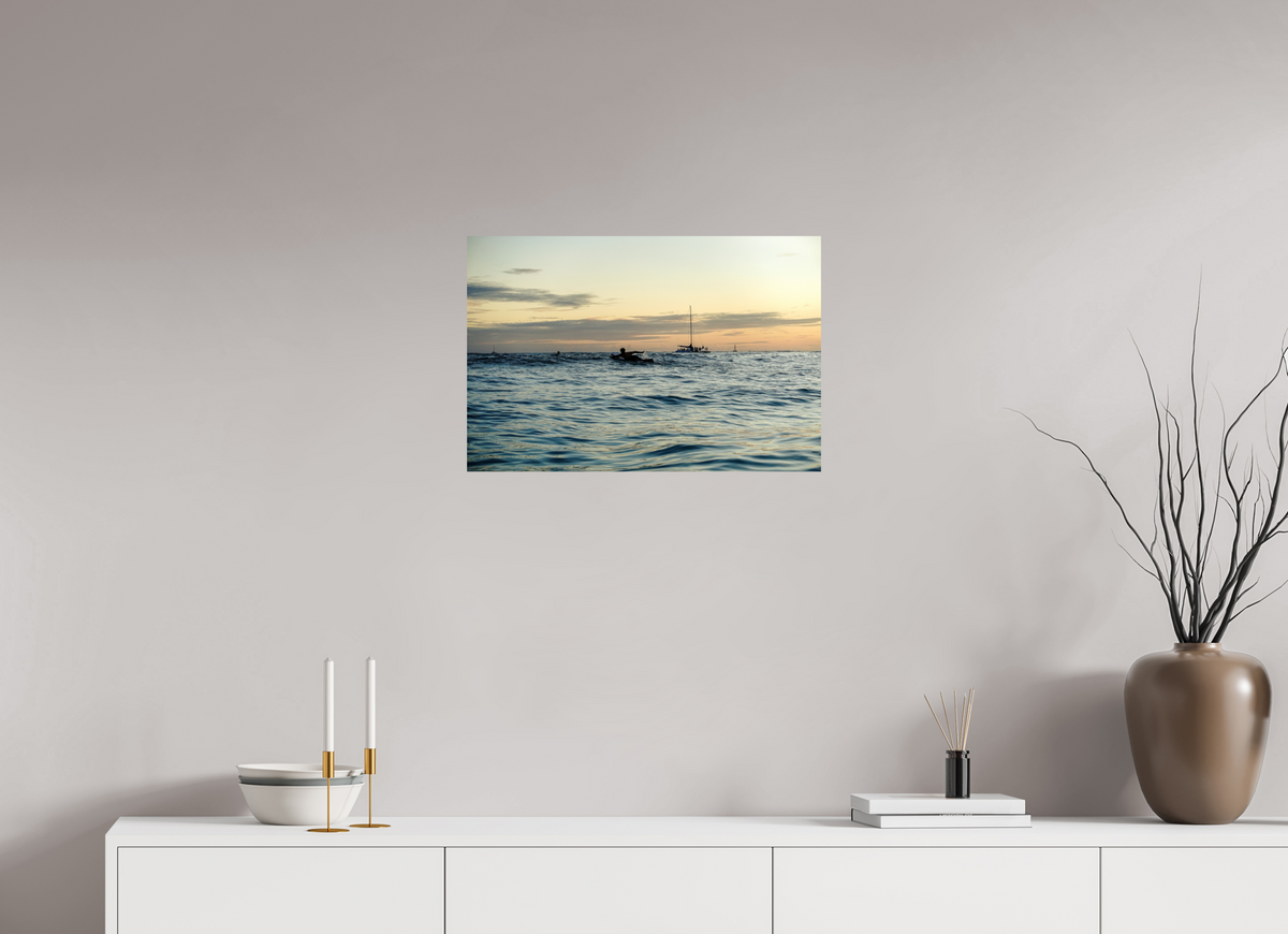 24 x 16″, Photo Print On Fuji Crystal DP II Photograph of Surfer Paddling Out as Sun Sets in Waikiki