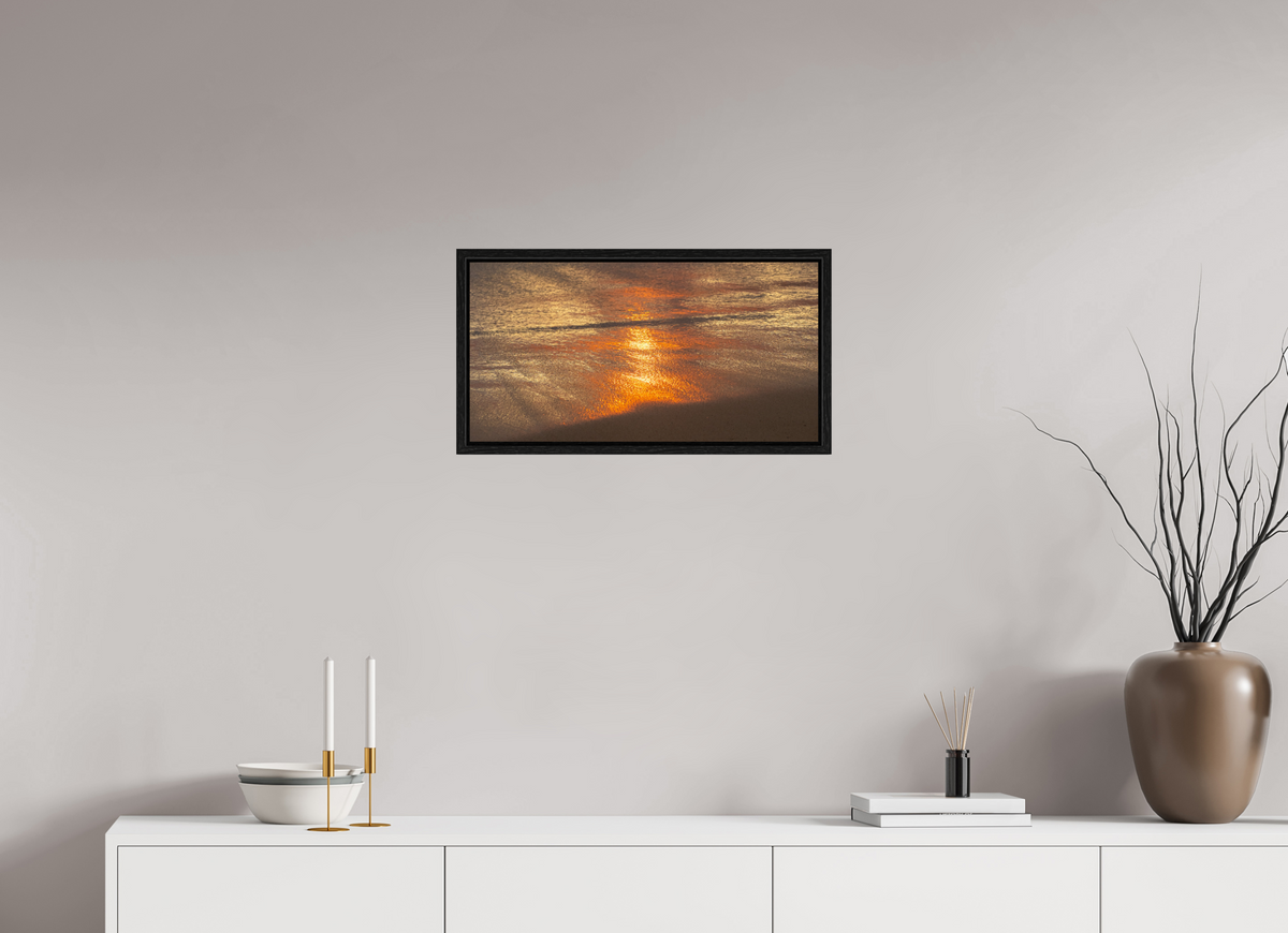 23.3 x 12″, Floater Frame Artists Palette-Photograph of Sunrise Glow Reflecting off the Water and Sand