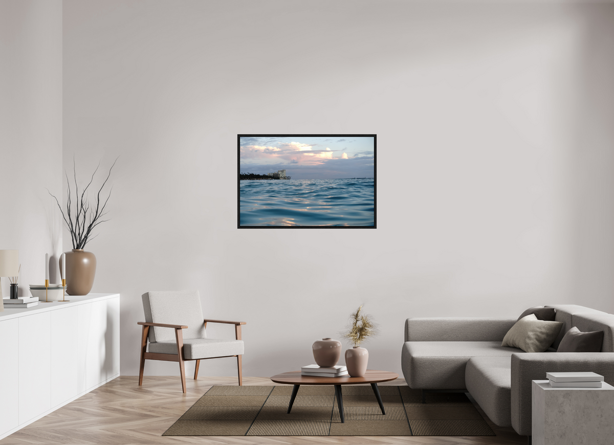 45 x 30″, Floater Frame in the Water at Sunset-Photograph from the ocean at sunset in Waikiki